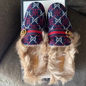 GUCCI NAVY & RED GG DIAMOND NEW PRINCETOWN LOAFERS